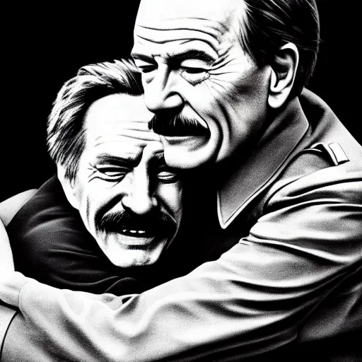 Prompt: Bryan Cranston hugging Stalin, 4k, photorealistic, hd, realistic, insanely detailed