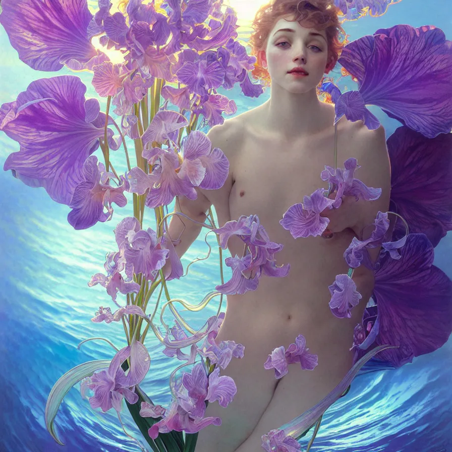 Prompt: detailed giant pastel holographic orchid iris hybrid flower surrounded by ocean waves, lsd water, lsd ripples, droplets, backlit, sunset, refracted lighting, art by collier, albert aublet, krenz cushart, artem demura, alphonse mucha