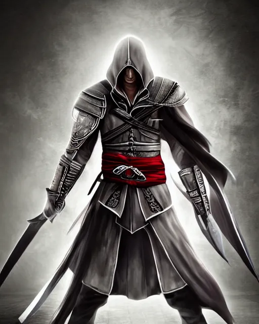 Image similar to Digital state-sponsored anime art of Ezio Auditore by A-1 studios, serious expression, empty warehouse background, highly detailed, spotlight