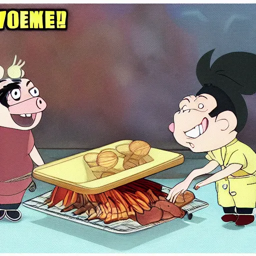 Image similar to an anime of a pig screaming in horror as another pig gets barbequed, funny, by Disney