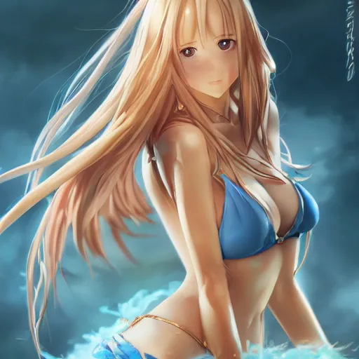 Image similar to a very beautiful yuuki asuna, full body, long wavy blond hair, sky blue eyes, full round face,, bikini, miniskirt, front view, mid - shot, highly detailed, cinematic wallpaper by stanley artgerm lau