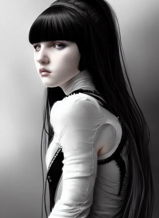 Image similar to portrait of white teenage girl, normal face, white bangs, mall goth, cyberlox, black and white hair, bangs, fluffy bangs, intricate, elegant, highly detailed, digital painting, artstation, concept art, sharp focus, smooth, illustration, art by wlop, mars ravelo and greg rutkowski