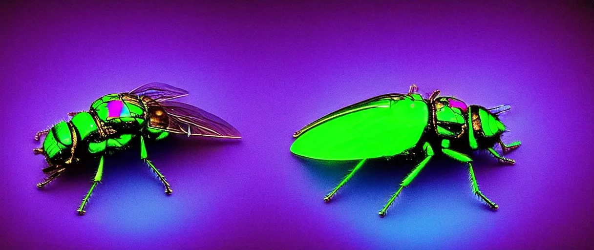 Image similar to high quality photo glowy iridescent mutant fly! jeweled very beautiful! highly detailed digital art david ligare elson peter cinematic purple neon lighting high quality low angle hd 8k sharp shallow depth of field