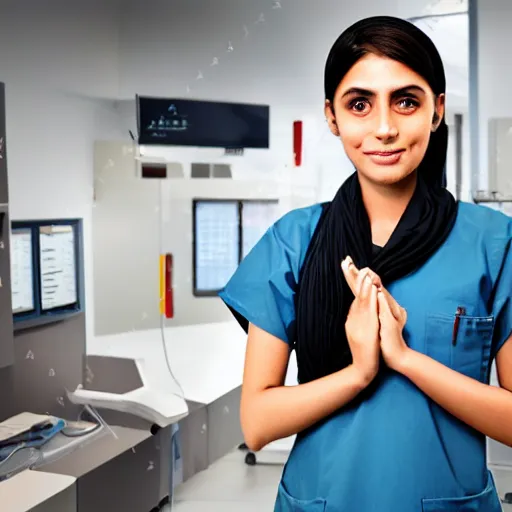 Image similar to A proud and happy Afghan girl working as a surgeon in a futuristic hospital, digital art