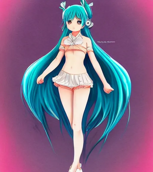 Prompt: Anime art of beautiful Hatsune miku with beautiful legs by artgerm, rossdraws, magali villeneuve, Gil Elvgren, Alberto Vargas, Earl Moran, Art Frahm, Enoch Bolles, symmetrical shoulders, tiny nose, smiling