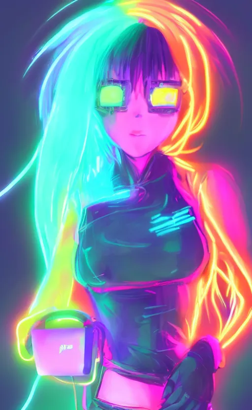 Image similar to anime girl with glowing neon hair wearing fit neon clothing and headphones while holding a laptop, WLOP, concept art, digital painting, trending on artstation, highly detailed, epic composition, 8k UHD