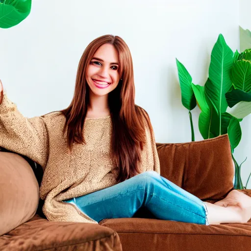 Image similar to a cute young woman smiling, long shiny bronze brown hair, full round face, green eyes, medium skin tone, light cute freckles, smiling softly, wearing casual clothing, relaxing on a modern couch, interior lighting, cozy living room background, medium shot, mid-shot, soft focus