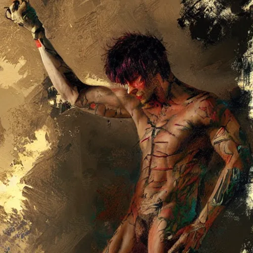 Image similar to An emo guy with a shredded body type painting by Gaston Bussiere, Craig Mullins