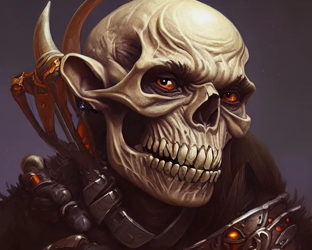 Image similar to a mind - blowing portrait of a goblin chieftain wearing a human skull, deep focus, d & d, fantasy, intricate, elegant, highly detailed, digital painting, artstation, concept art, matte, sharp, illustration, hearthstone, art by artgerm and greg rutkowski and alphonse mucha