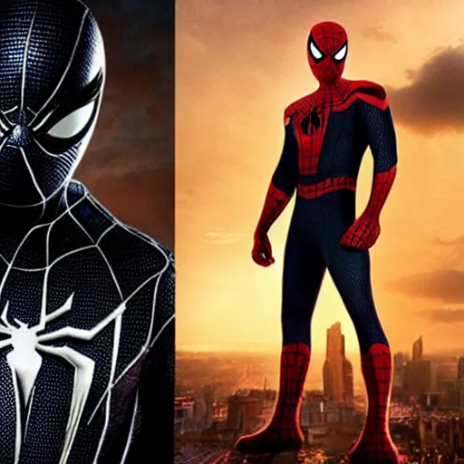 Image similar to promotional photo from new mcu spiderman movie featuring a black symbiote spiderman suit worn by tom holland