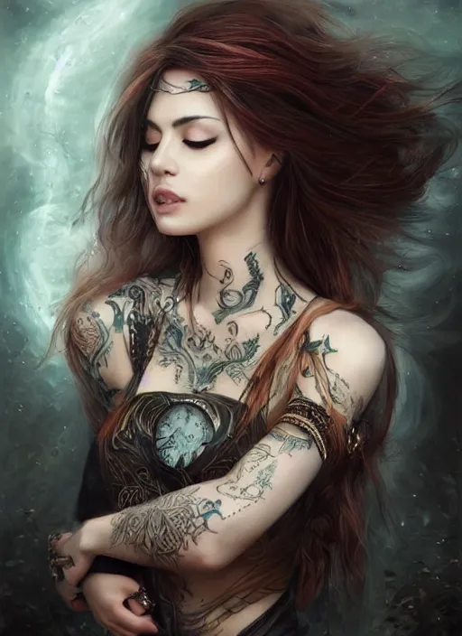 Image similar to a beautiful woman with closed eyes and tattoos, 8 k, sensual, hyperrealistic, hyperdetailed, beautiful face, long hair windy, dark fantasy, fantasy portrait by laura sava