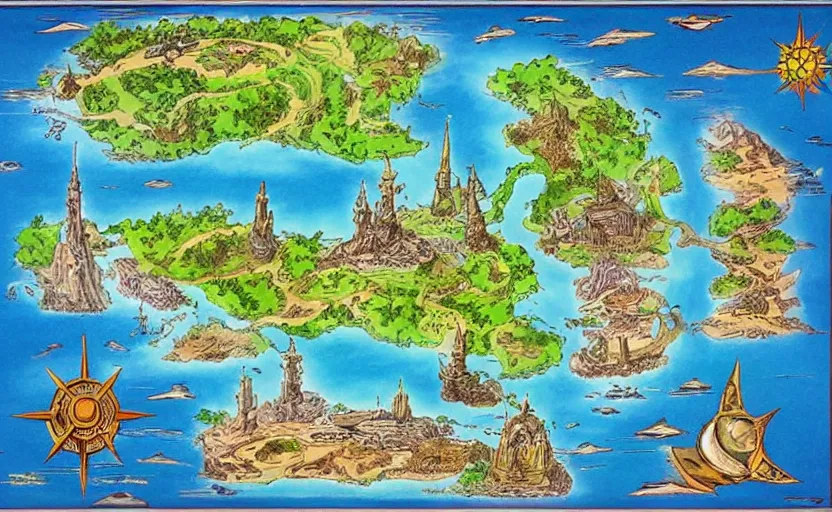 Prompt: futuristic fantasy island map, drawn with crayons, detailed