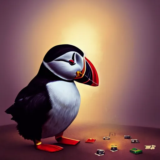 Prompt: puffin playing board game, cinematic, cinematic lighting, trending on Artstation, Cgsociety, detailed, 4k, very realistic