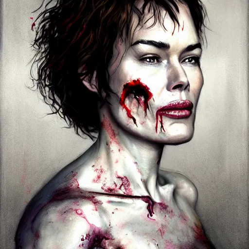 Prompt: color head portrait of lena headey promoting a skin care product as a zombie, 7 days to die zombie, gritty background, fine art, award winning, intricate, elegant, sharp focus, cinematic lighting, digital painting, 8 k concept art, art by michael hussar, art by brom, art by guweiz and z. w. gu, 8 k