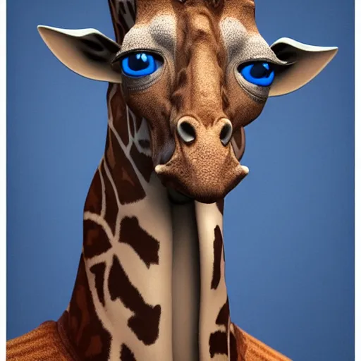 Image similar to a highly detailed portrait of a humanoid giraffe in a blue cloak, adventurer, artstation, deviantart, professional, unreal engine 5, octane render