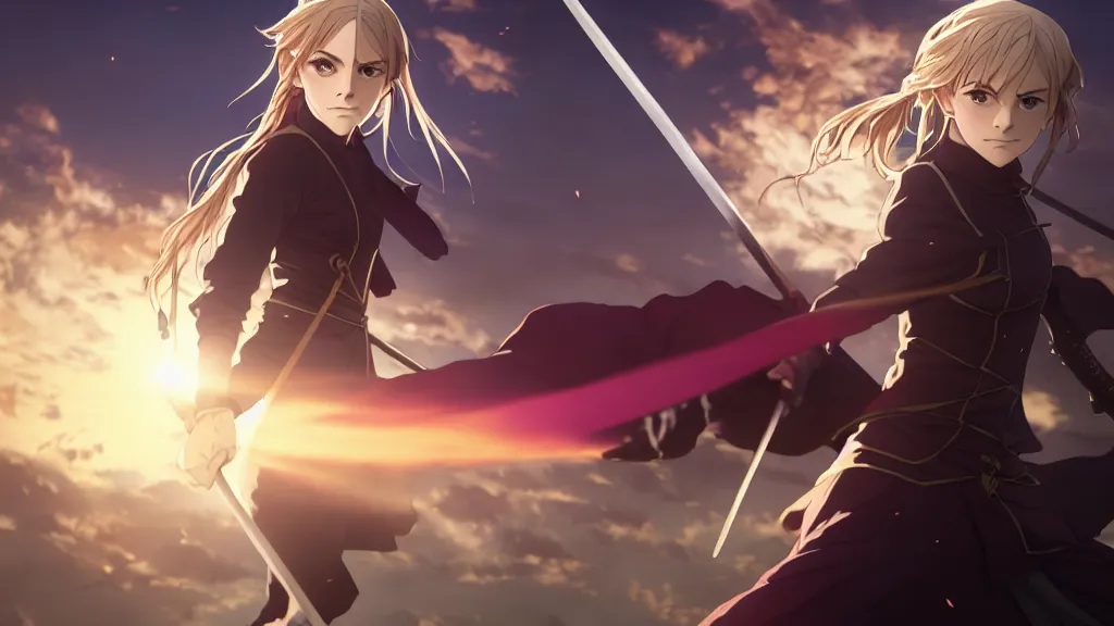 Image similar to emma watson in heavens feel movie, demon slayer, ufotable, high quality, artgerm, action, on a street, night, fate stay night, unlimited blade works, greg rutkowski, high resolution, dynamic pose, landscape, medium portrait, samurai outfit, action, hyper realistic, anime, koyoharu gotouge, sakuga