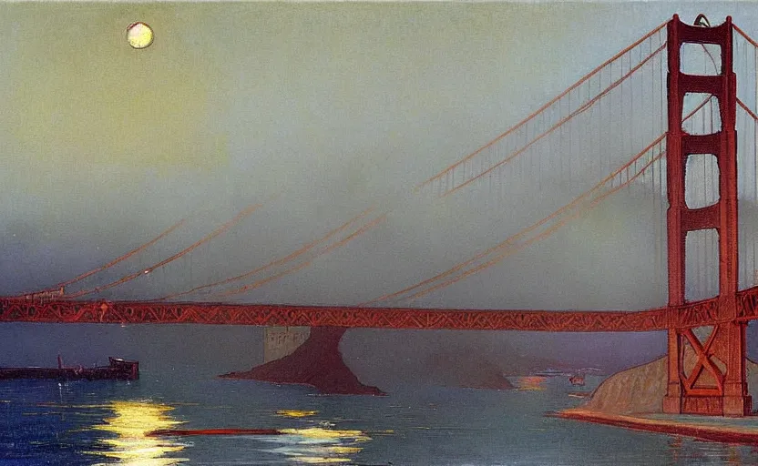 Image similar to a silver train on the golden gate bridge at dusk with fog, by ricardo bofill, by stanhope forbes