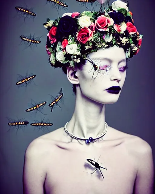 Prompt: dreamy surreal poetic photo of a beautiful young porcelain female-cyborg-vegetal with a very long neck and a super big gothic lace collar filled with dead flies and a very high big floral crown with many black dry roses by Vivienne Westwood:: smoke, high fashion, haute couture, rococo, avant-garde, elegant, dreamy, hyper realistic, 150 mm lens, soft rim light, octane render, unreal engine, picture was taken in 1910 by Dora Maar, volumetric lighting, dramatic light,8k,