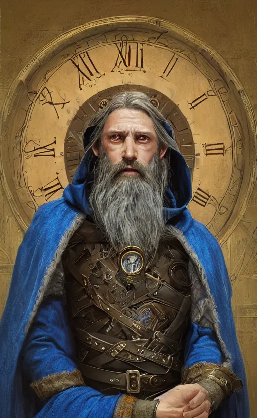 Image similar to portrait of a middle aged elf with a long beard, dressed in a blue cloak with clock iconography, brown hair, raised hand, detailed face, fantasy, highly detailed, cinematic lighting, digital art painting by greg rutkowski