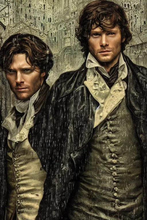 Image similar to a detailed matte portrait of jensen ackles and jared padalecki in a supernatural sherlock holmes story, 1 8 th century london in the rain, city streets, ominous, masterpiece, 8 k, art by alphonse mucha and greg rutkowski