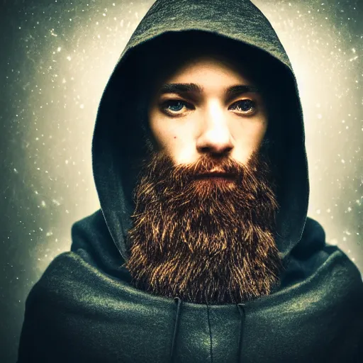 Image similar to portrait of a mysterious wizard with a Hood, bright eyes, fantasy, photorealistic, bokeh, magic lights, cinematic