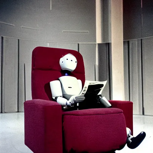 Image similar to Against a white cyc (white cyclorama backdrop) futuristic studious matte brown and red and chrome full-body humanoid robot with two huge round expressive sad purple glowing LED eyes and open rectangular mouth sitting on a large comfortable cushioned 1950s vintage recliner reading a newspaper. open newspaper. full shot Cinematic Movie Photograph, Arri Alexa, Extremely Detailed, smooth, very very clean, white cyc, white background, 8K, octane render, maya render, unreal engine, trending on artstation, DSLR, excellent composition, center frame