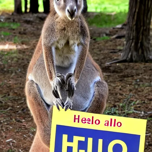 Prompt: <photograph quality=high accurate=true readable=true>Kangaroo holds sign that says 'Hello Friends'</photograph>