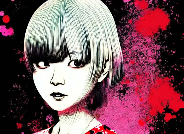 Image similar to editorial illustration colorful, anime portrait of shiina ringo, katsuhiro otomo, manga, ilya kuvshinov, fine texture, realistic shading, fine details, matte colors, dramatic lighting, dynamic composition, mucha, moody, vivid, volumetric, stippled lighting, cinematic