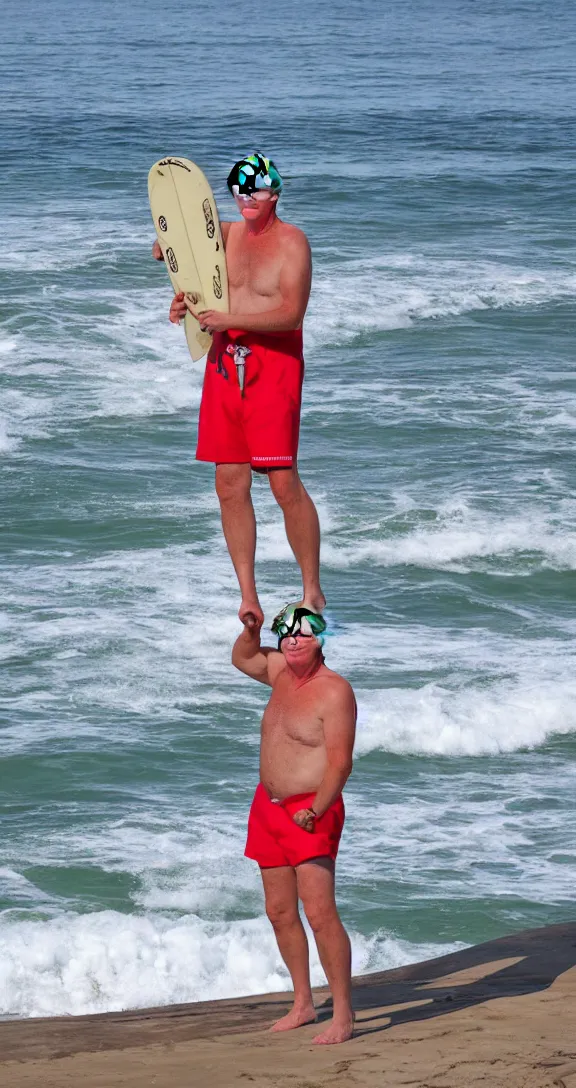 Image similar to Donald Trump holds a surfboard standing near the breakwater at a beach, Chunky old Trump wears tropical board shorts and sandals with a smug look, 4k, sharp focus, photo by professional