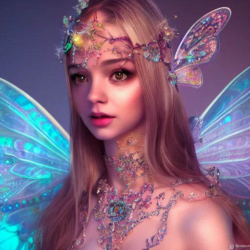 Image similar to portrait of fairy princess, glowing, ornate and intricate jewelry, jaw dropping beauty, glowing background lighting, white accent lighting, hyper detailed, fairy tale, 4 k octane render