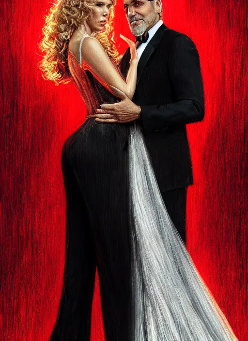 Image similar to portrait of george clooney wearing a formal black suit and kim basinger wearing a red dress in love, intricate, elegant, glowing lights, highly detailed, digital painting, artstation, glamor pose, concept art, smooth, sharp focus, illustration, art by wlop and greg rutkowski