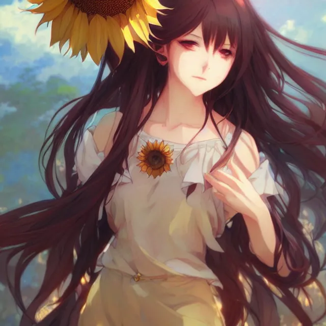 Prompt: beautiful sunflower anime girl, krenz cushart, mucha