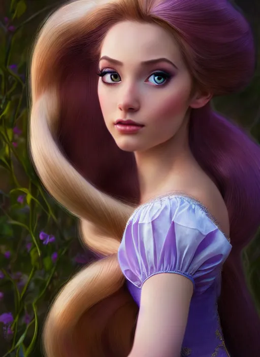 Image similar to photo of a gorgeous young woman rapunzel in the style of stefan kostic, realistic, sharp focus, 8 k high definition, insanely detailed, intricate, elegant, art by stanley lau and artgerm