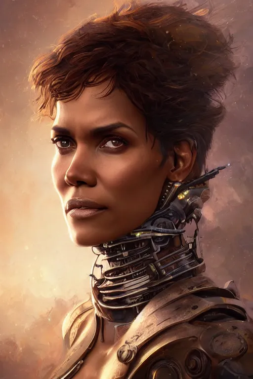 Prompt: portrait oils, beautiful female hybrid cyborg halle berry regal, realistic, refined, detailed, digital art, jessica rossier, michael cheval, esao andrews, steampunk, walt disney, francois boucher, oil painting, highly detailed, cinematic lighting, unreal, natural