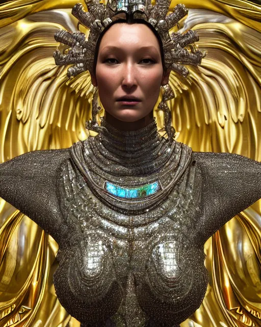 Image similar to a highly detailed metahuman 4 k close up render of an alien goddess bella hadid monument jibaro in iris van herpen dress schiaparelli in diamonds crystals swarovski and jewelry iridescent in style of alphonse mucha gustav klimt trending on artstation made in unreal engine 4