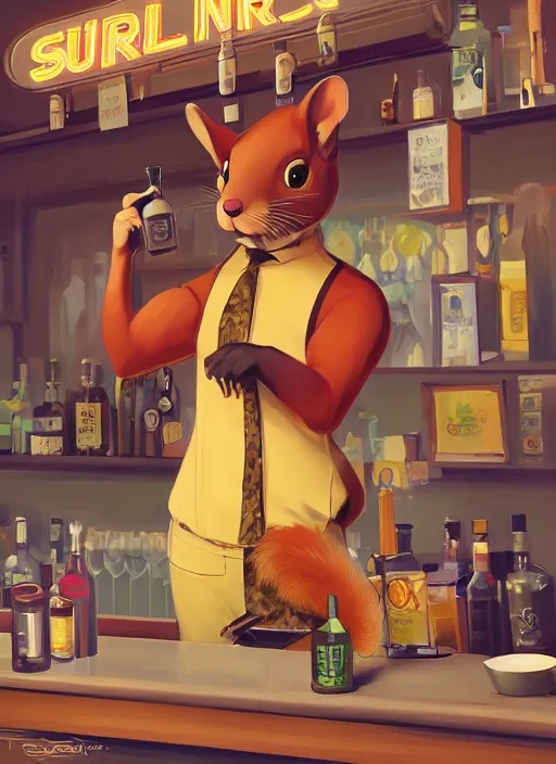 Prompt: squirrel anthro as a dapper bartender with a big, fluffy tail, retro futurism, art deco, detailed painterly digital art by WLOP and Cory Loftis, 🍸🍋, furaffinity, trending on artstation