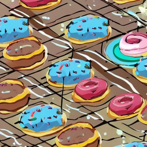 Image similar to raining donuts on a city in a studio ghibli animation