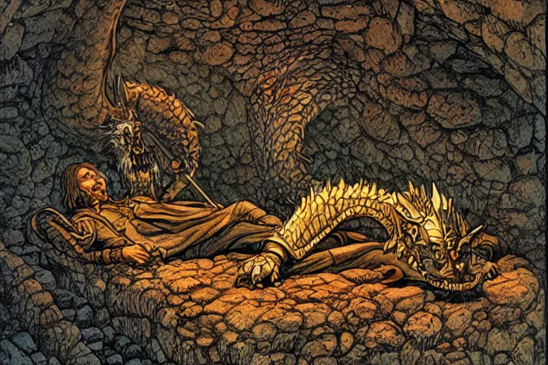 Prompt: a sleeping dragon on a mountain of treasure in a big cavern, by Larry Elmore
