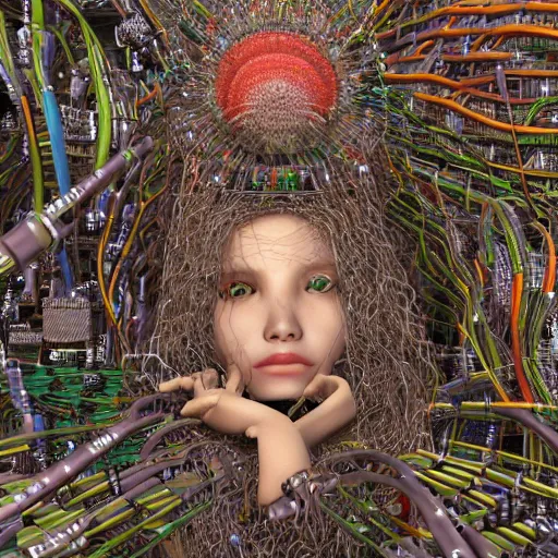 Prompt: swimming deeper into the multiverse, skyscraper piles of modular synth cables mixed with mangrove roots, kawaii puerto rican goddess chilling out wearing a headpiece made of circuit boards, by cameron gray, wlop, stanley kubrick, masamune, hideki anno, jamie hewlett, unique perspective, trending on artstation, 3 d render, vivid