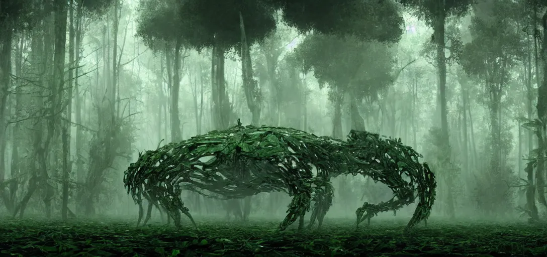 Image similar to a complex organic fractal 3 d metallic symbiotic ceramic humanoid megastructure creature in a swampy lush forest, foggy, cinematic shot, photo still from movie by denis villeneuve, wayne barlowe, taken with a disposable camera