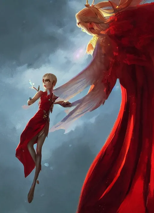 Image similar to Image of tiny pixie sitting on top of a human hand, D&D fantasy, wearing a red dress, intricate, highly detailed, digital painting, artstation, concept art, sharp focus, illustration, art by greg rutkowski and Ross Tran