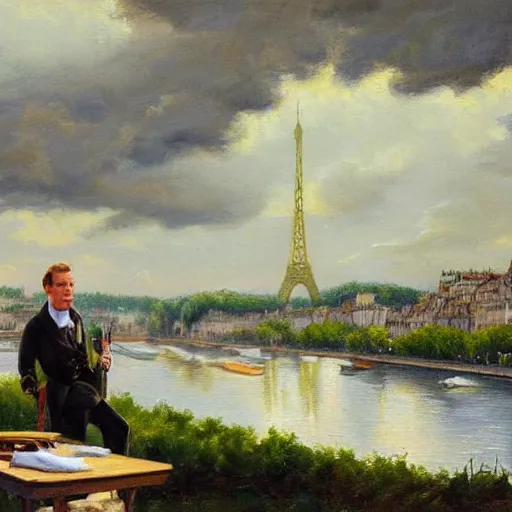 Image similar to mcgregor is dressed as a gentleman at early 2 0 th century paris. he is watching an easel. that easel has a canvas on it. ewan mcgregor has a brush on his hand. he is painting a painting. there is a brown cat with yellow eyes on ewan mcgregors feet. on background has river seine, morning sun, dark clouds, lightning, by jack kirby