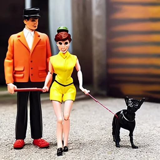 Image similar to audrey hepburn cos play professional dog walker ( 5 small dogs ), stop motion vinyl action figure, plastic, toy, butcher billy style