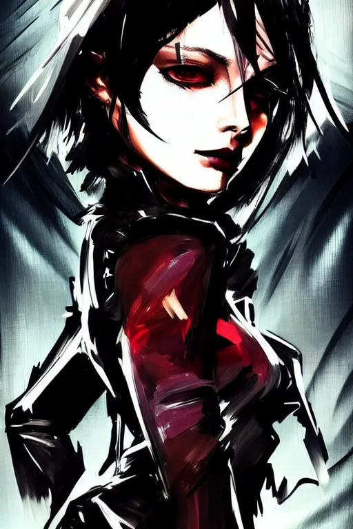 Image similar to style of yoji shinkawa, rafael albuquerque, loish : : gorgeous willa holland : : evil witch, swirling black magic : : symmetrical face, symmetrical eyes : : full body pose : : gorgeous black hair : : magic lighting, low spacial lighting : :