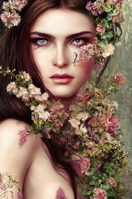 Prompt: a super realistic sexy young woman, fantasy, intricate, highly-detailed, elegant, dramatic lighting, gorgeous face, lifelike, photorealistic face, long luxurious gown, flowers, digital painting, artstation, illustration, concept art, smooth, sharp focus, art by Jude Palencar, John Collier, artgerm, and Albert Aublet and Krenz Cushart and Artem Demura and Alphonse Mucha