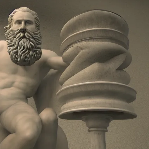 Prompt: a marble statue depicting a bearded wild man infront of a moog modular synthesizer, 8 k, unreal engine,