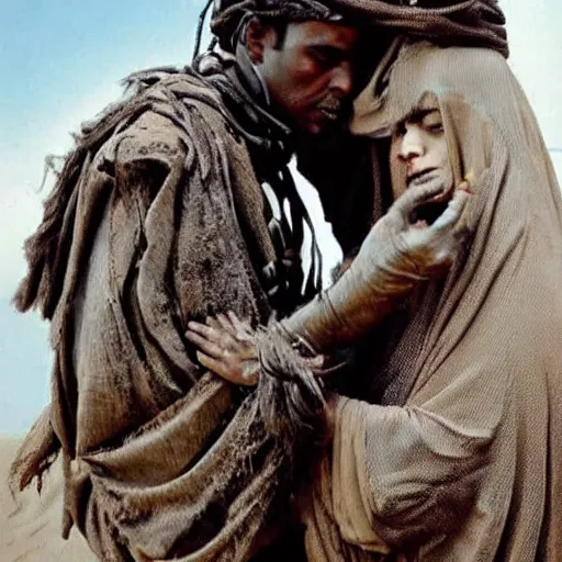 Prompt: a sand wraith kissing a handsome tuareg. Amazing detailed movie still