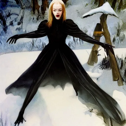 Image similar to ultra realistic portrait painting of elle fanning as a vampire wearing black cultist robes in the snow, art by frank frazetta, 4 k, ultra realistic, highly detailed, epic lighting