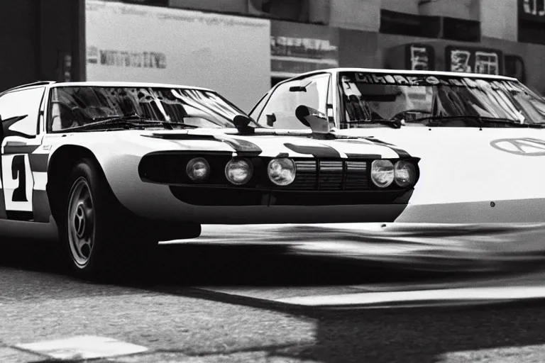 Image similar to single racecar 1968 Audi Quattro, BMW M1, movie still, vintage footage on Tokyo streets, volumetric lighting, f8 aperture, cinematic Eastman 5384 film