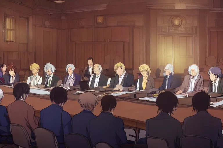 Prompt: cell shaded anime key visual of a federation council meeting with important people in the stlye of studio ghibli, moebius, ayami kojima, makoto shinkai, dramatic lighting